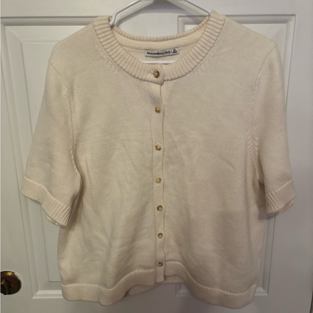 Abercrombie & Fitch Cream Short-Sleeve Knit Button Cardigan